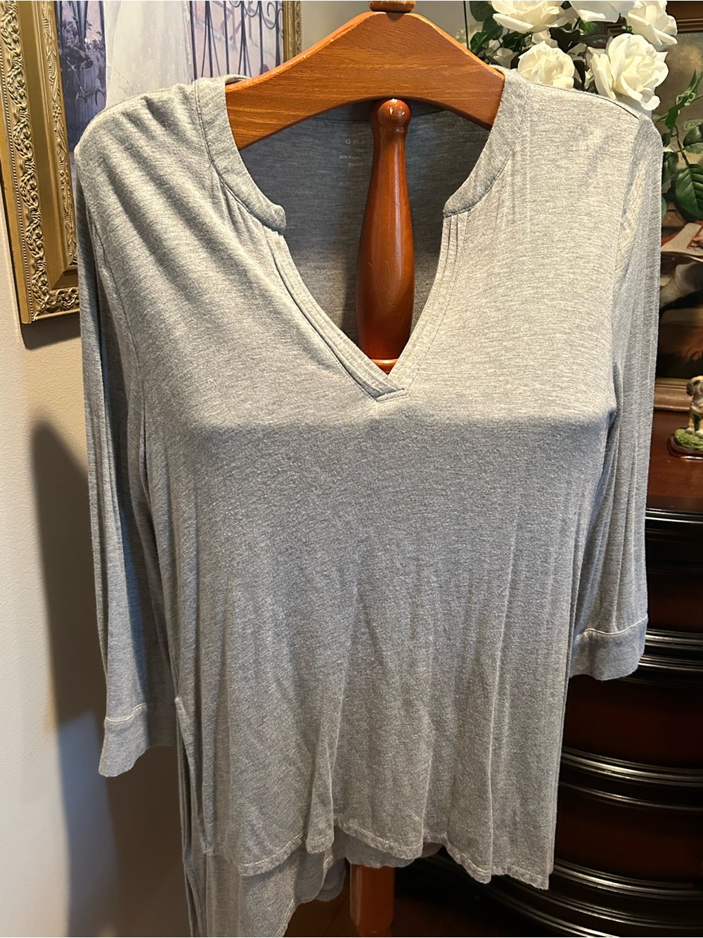 Grace Light Gray V-Neck Long Sleeve Tee